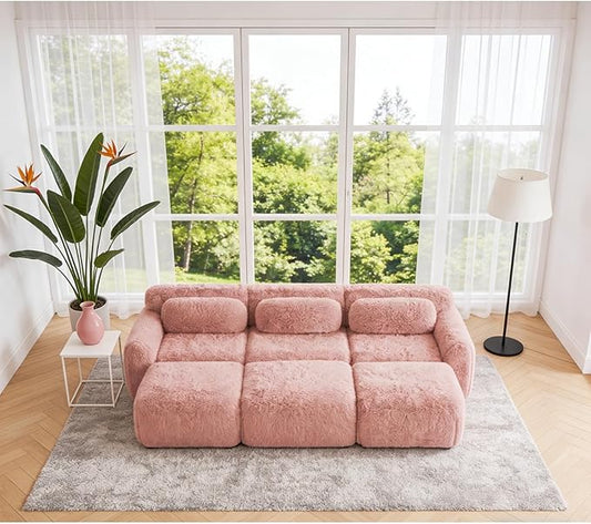 114.7" Sectional Sofa Bed, 6-Seater Modular Sleeper Boneless Couch with Movable Ottoman, Plush Convertible Sofa Set Deep Seat Couches for Living Room, Bedroom and Apartment, Pink