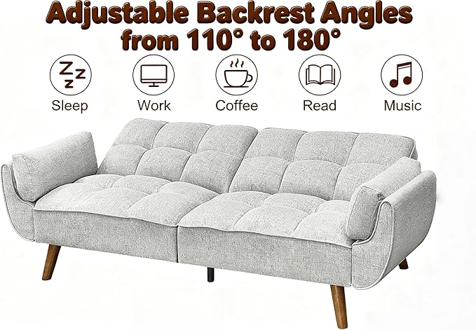 Convertible Futon Sofa Bed, Modern Futon Couch with 2 Pillows, Small Futons Couch with Adjustable Armrest & Backrest, Loveseat Sofa Bed for Living Room, Bedroom, Gray