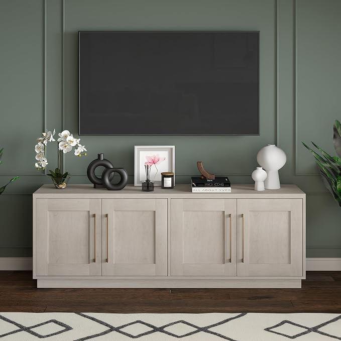 Henn&Hart TV Stand for TVs up to 75'' with 2 Concealed Storage Cabinets and Adjustable Shelves for Living Room, Family Room, or Office, Beech White - Image 2