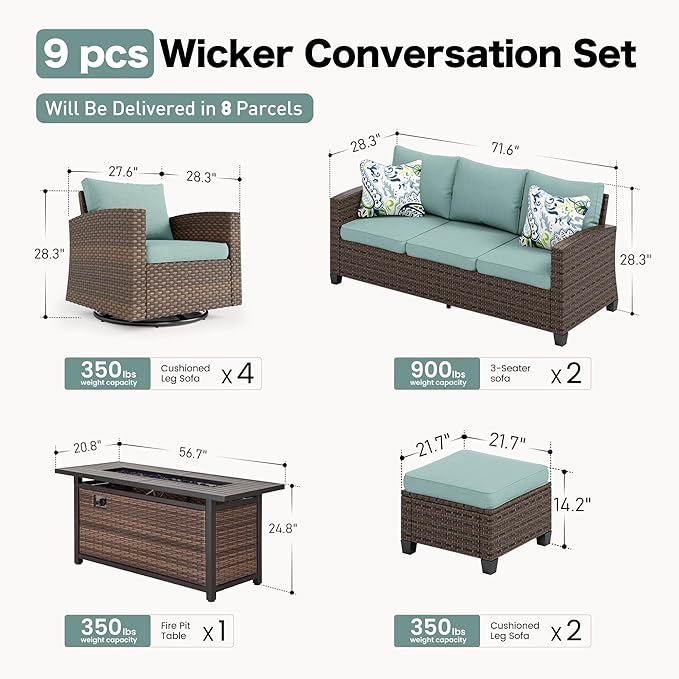 Swivel Glider Patio Furniture Set Outdoor Furniture Brown Wicker Rattan Patio Conversation Sets with Cushion Outside Sofa Set,8 Pieces with Rectangular Firepit Table,12 Seats,Blue