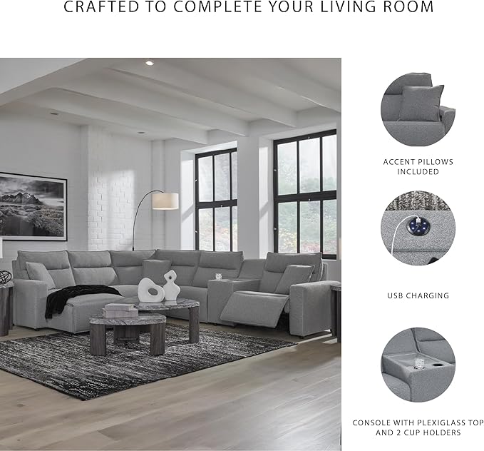 Signature Design by Ashley Modern ModMax II Stain Resistant U-Shape Right-Arm Facing 6-Piece Power Reclining Sectional with Chaise and Adjustable Headrest, Gray