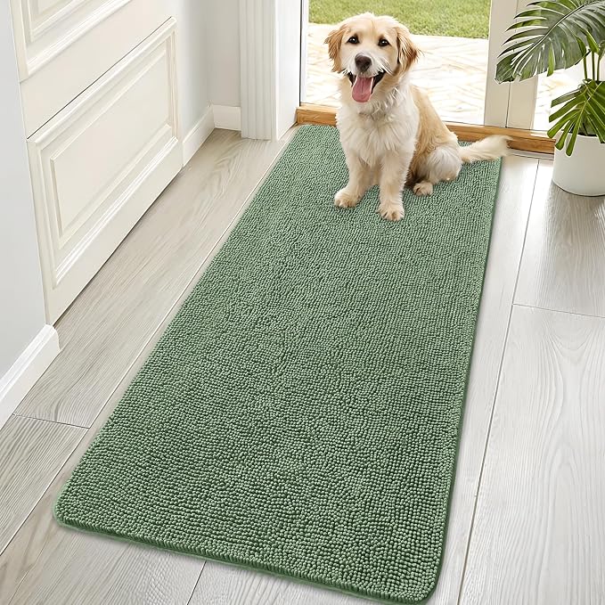 OLANLY Dog Door Mat for Muddy Paws 70x35, Absorbs Moisture and Dirt, Absorbent Non-Slip Washable Doormat, Quick Dry Chenille Mud Mat, Entry Indoor Entryway Carpet for Inside Floor, Olive Green by OLANLY