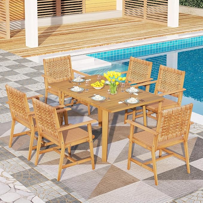PHI VILLA 7 Pieces Acacia Wood Outdoor Dining Set for 6, Teak Large Wooden Table & Chairs with Wicker Seat and Back, Farmhouse Dining Furniture Set for Patio, Deck, Yard, Porch - Image 7