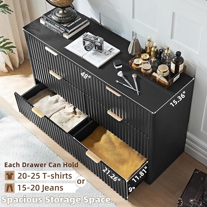 LEYAOYAO Fluted Dressers & Nightstand Set of 3, Wood 48" Wide Dresser & 42" Tall Chest of Drawers,Modern Bedroom Furniture Sets, Black Wooden Nightstand with 3 Drawers & Charging Station
