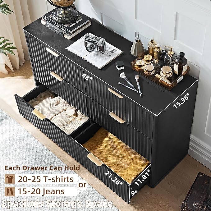 LEYAOYAO Fluted 6 Drawers Dresser Set of 2, 48" Wide Modern Chest of Drawers with Woodgrain Top, Curved Profile Design, Dresser TV Stand, Wooden Drawer Organizer for Bedroom, Living Room,Black - Image 6
