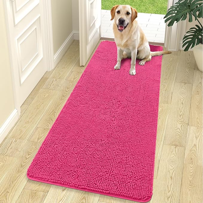 OLANLY Dog Door Mat for Muddy Paws 70x24, Absorbs Moisture and Dirt, Absorbent Non-Slip Washable Doormat, Quick Dry Chenille Mud Mat for Dogs, Entry Indoor Entryway Carpet for Inside Floor, Hot Pink by OLANLY