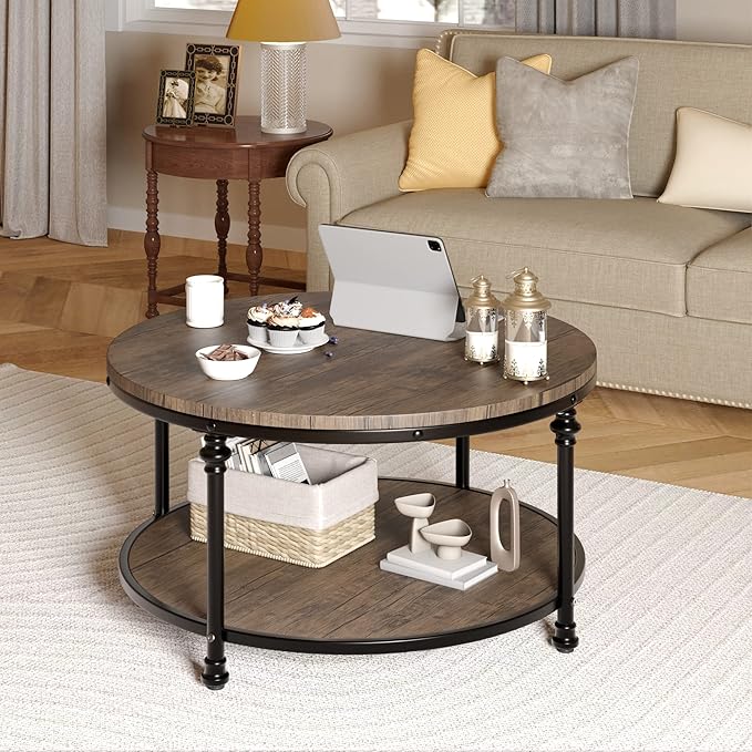 Garvee Round Coffee Table, 2 Tier Center Table with Storage for Living Room, 30.5 x 18 in, Wood Center Table for Living Room, Apartment, Easy to Assemble