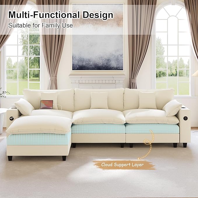 116" Modular Sectional Sofa, L Shaped Cloud Couch with Movable Ottoman, Chenille Deep Seat Cloud Sofa with Charging Station, Cup Holder, Side Pocket, Sectional Couches for Living Room, Beige