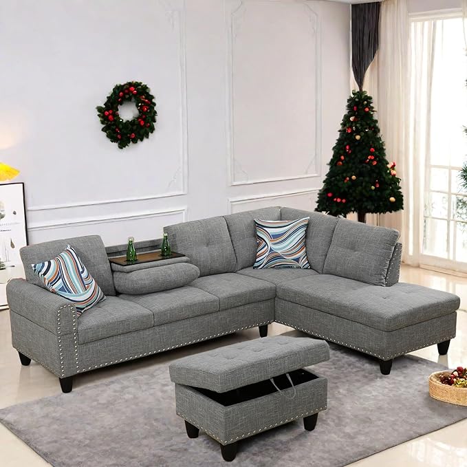 FONTOI L Shaped Sectional Couch with Otttoman, 97" Sectional Sofa for Living Room Flannel Modular Couches with Cup Holders for Bedroom, Apartments, Grey