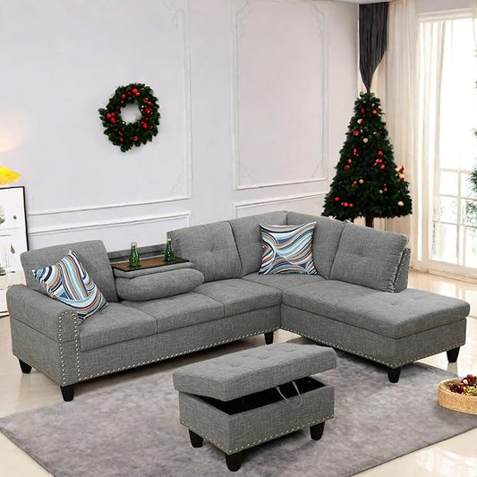 FONTOI L Shaped Sectional Couch with Otttoman, 97" Sectional Sofa for Living Room Flannel Modular Couches with Cup Holders for Bedroom, Apartments, Grey