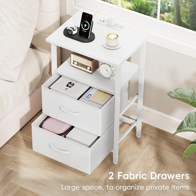 Vagusicc White Night Stand with Charger Station, LED Nightstand with 2 Fabric Drawers, Bedside Table with USB Ports and Outlets, Bed Side Tables with Storage Shelf, 24.2" Tall Nightstand for Bedroom - Image 8