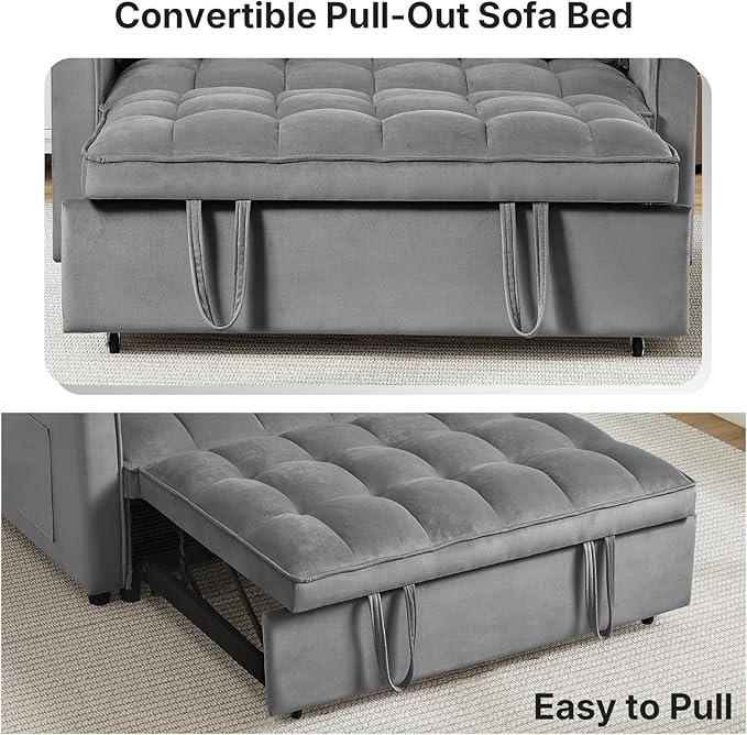 Rovibek 3 in 1 Sleeper Sofa Bed, 53'' Pull Out Couch Convertible Futon Loveseat with Adjustable Backrest, Velvet Sleeper Chaise Lounge Futon for Apartment Office Small Space, Dark Grey