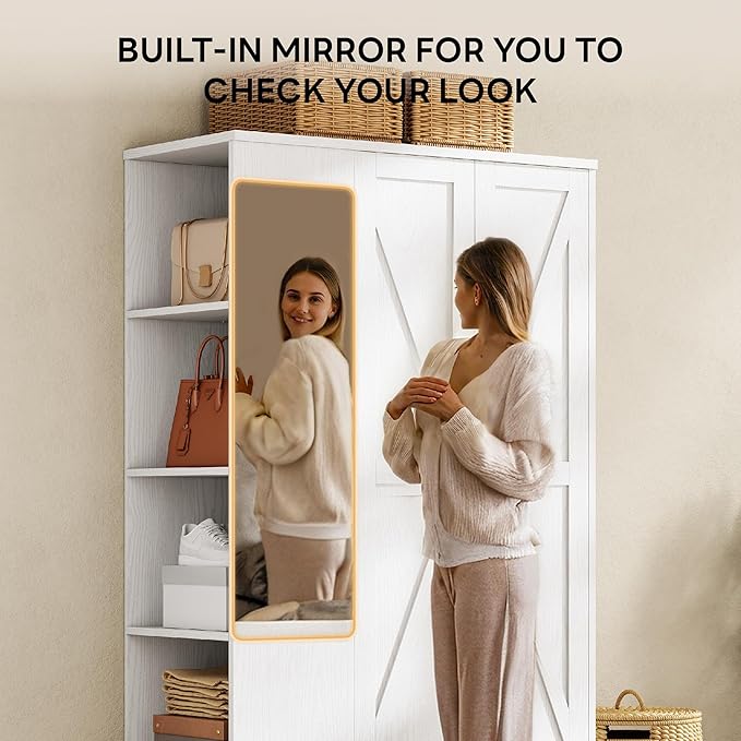 LIKIMIO Armoire Wardrobe Closet 70 Inches, Large Storage with Mirror, 2 Doors, Drawer, and Shelves, Modern Bedroom Freestanding Wooden Wardrobe Combination with Hanging Rail, White