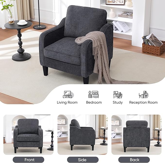 Accent Chairs Set of 2, Upholstered Living Room Chairs with Side Pocket, Mid Century Modern Reading Chair for Bedroom, Comfy Armchair Single Sofa Side Chair for Office, Small Room, Dark Grey