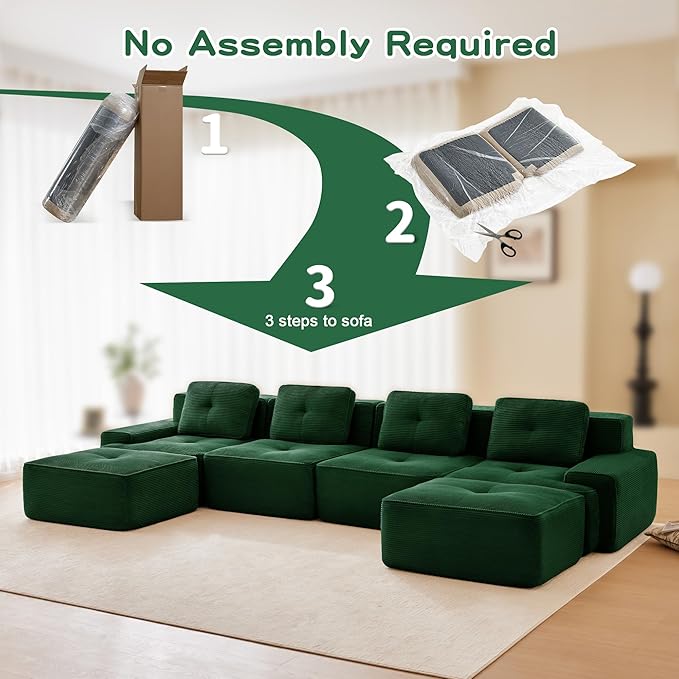Casaphoria 150'' Green Boneless Sectional Sofa, Corduroy 4-Seater Cloud Couch with 4 Pillows & 2 Ottomans for Living Room, U-Shaped Deep Seat Modular Sofa for Apartment, No Assembly