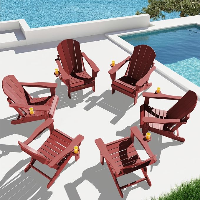 SERWALL Folding Adirondack Chair Set of 6 Weather Resistant Lawn Chairs with Cup Holder for Patio - Red by SERWALL