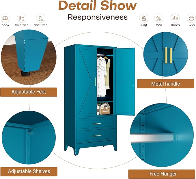 Metal Armoire Wardrobe Closet with Drawers, 71" Wardrobe Cabinet with Adjustable Shelves and Hanging Rod for Bedroom, Blue Metal Closet Storage Cabinet with 2 Doors & 2 Drawers