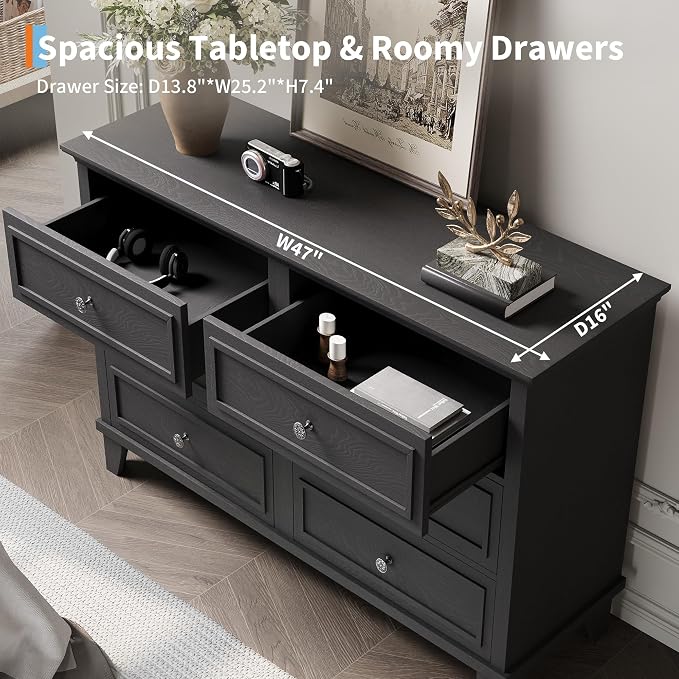 GAOMON Dresser for Bedroom, 6 Drawer Wide Dresser Storage Organizer, Modern Wooden Chest of Drawers with Metal Handles for Hallway, Entryway, Home Office, Black - Image 5
