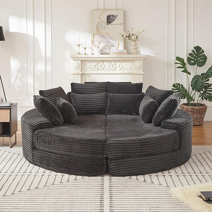 ERYE Oversized Round Sofa Chaise Daybed Comfy Corduroy Couch Boneless Sleeper Recliner Sofabed with 10 Pillows and Headrests