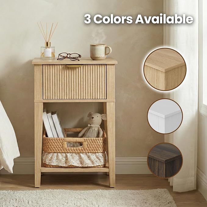 Modern Fluted Small Wood Nightstand, 11.8" Deep x 15.4" Narrow Bedside Table with Drawer & Open Shelf, Boho Scandinavian Accent End Table for Bedroom & Sofa - Oak - Image 8