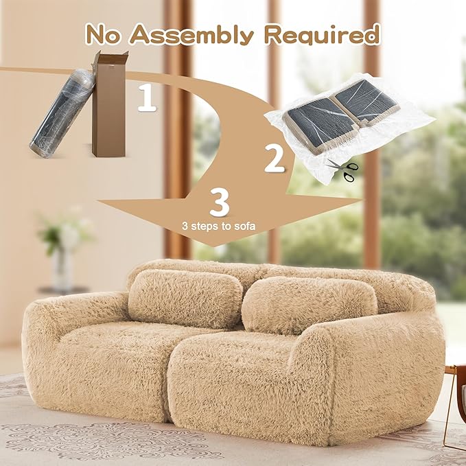 80.4-Inch Boneless Love Seat Couches in a Box, Modern 2 Seat Floor Modular Foam Cloud Sofa Faux Fur Loveseat Couch W/Angle Armrests for Home Apartments Bedroom