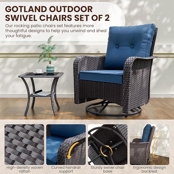 Gotland 12 Pieces Patio Furniture Set with Swivel Chair, PE Rattan Outdoor Furniture with 29.5'' High Backrest 4’’ Thick Cushions Coffee Table, Patio Set for Porch, Deck, Backyard, Navy