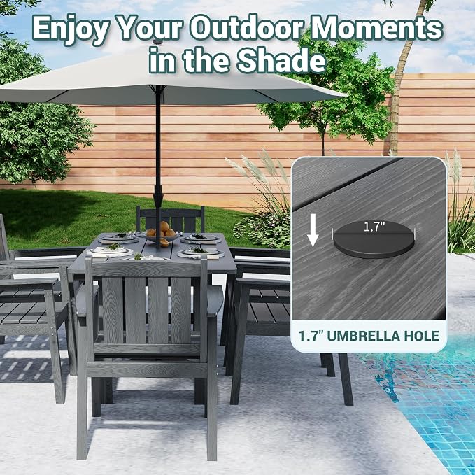 Pamapic 7 PCS Outdoor Dining Set, Spacious HDPE Outdoor Table and Chairs, Wood Grain Patio Furniture Sets with Elegant Armrest, All-Weather Outdoor Furniture with Umbrella Hole, Gray - Image 2