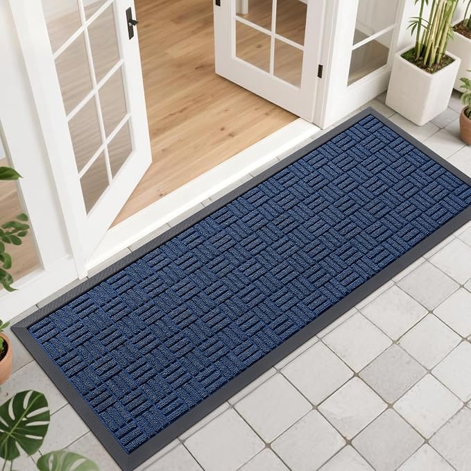 OLANLY Front Door Mat Outside Entrance 47x17, Absorbent, Heavy Duty Sturdy Natural Rubber Doormat Indoor Outdoor, Non-Slip, Stain and Fade Resistant, Low Profile Floor Mat for Entryway, Navy Blue by OLANLY