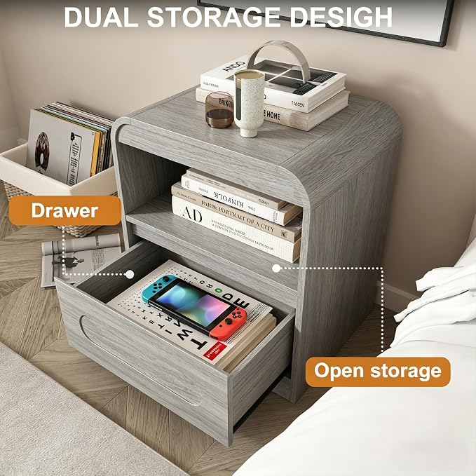 Night Stand with Drawers, Wood Nightstand, Bedside Side Table with Open Storage, Curved Corners, Hidden Handle, Modern Night Stands End Table for Bedroom Sofa Couch Office (Grey) - Image 3