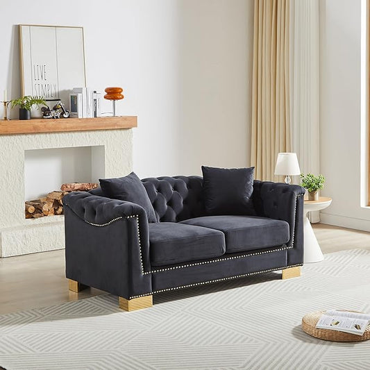 KEIKI 62" Chesterfield Sofa, Retro Style Upholstered 2 Seat Sofa, Rolled Arm Tucked-in Nailhead Decor Cloud Couch for Living Room Bedroom Office, Black