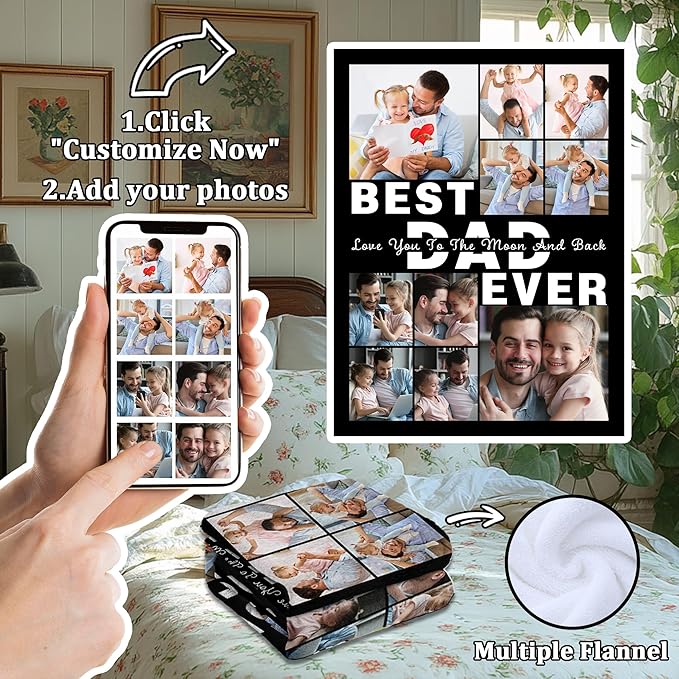 Personalized Fathers Day Blanket Gifts for Husband Dad From Daughter Son Wife, Best Dad Ever Custom Photos Blanket, Father's Day Christmas Birthday Unique Gift for Daddy, Grandpa, Husband, Men