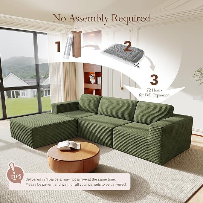 Vesgantti 119" L-Shaped Modular Sectional Sofa, Corduroy Cloud Couch with Deep Seating & Spring Support, Flexible Layout Sofa with Ottoman, Boneless Style, No Assembly Required, Green