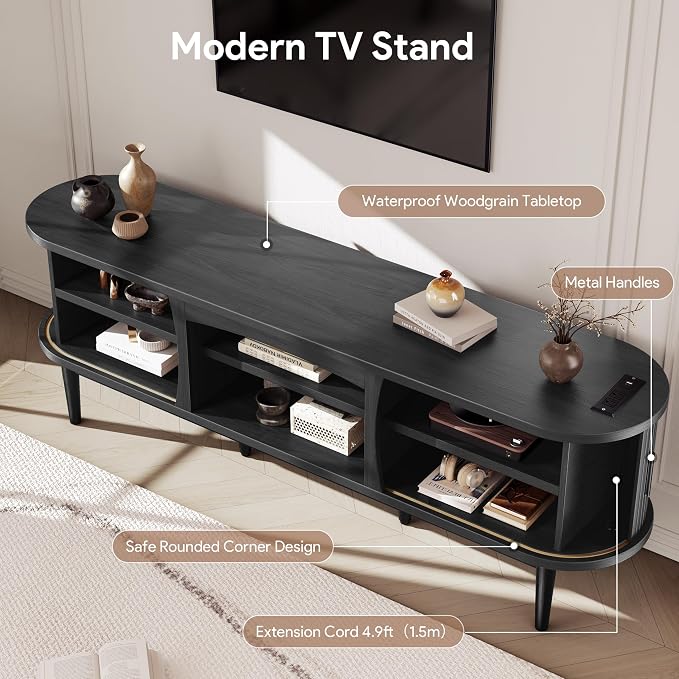 Decofy Mid Century TV Stand for TVs up to 80 Inches, Entertainment Center with Storage, Power Outlet, Fluted Sliding Doors & Adjustable Shelves, Modern Media TV Console Table for Living Room (Black) - Image 6