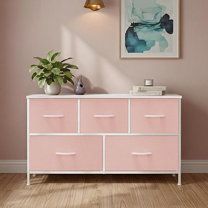 OLIXIS Dresser for Bedroom with 5 Drawers, Wide Chest of Drawers, Fabric Bedroom Dresser with Drawer Organizer, Storage Organizer Unit with Fabric Bins for Closet, Living Room, Hallway, Pink - Image 7