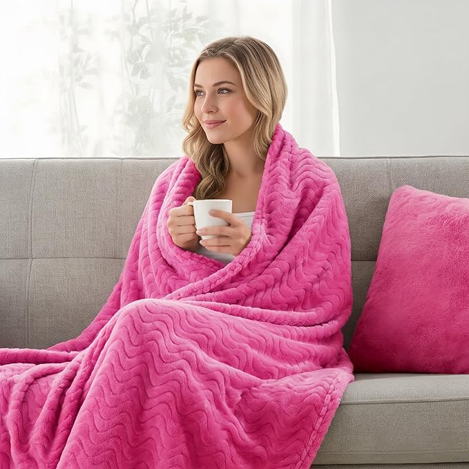 Exclusivo Mezcla King Blanket for Bed, Cozy Lightweight Fleece Blankets for All Season, Decorative Giftable Fuzzy Plush Wave Textured Suitable for Women, Men, Hot Pink, 90x104 Inches
