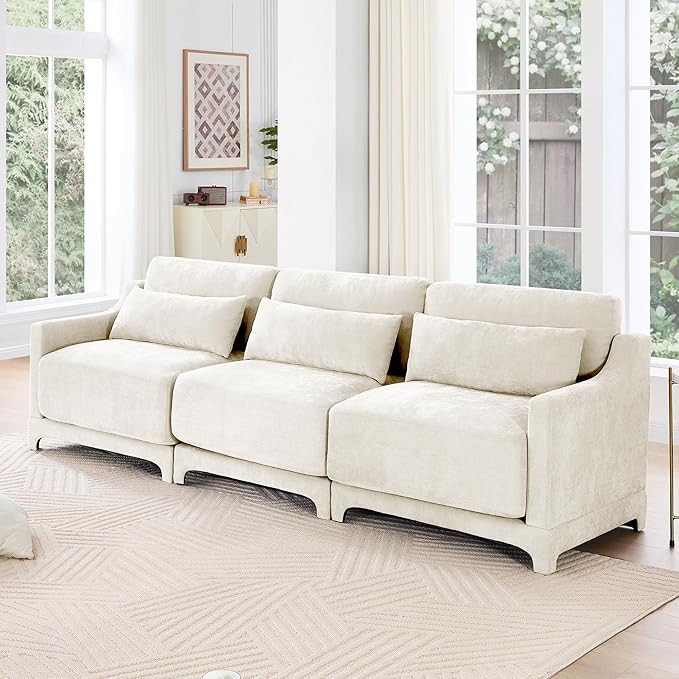 Ball & Cast 105.9” Modular Sectional Sofa, Comfy Cloud Couch with Lumbar Pillows, Deep Seat Chenille Modular Sofa, Sectional Couches for Living Room, Bedroom and Apartment, Beige