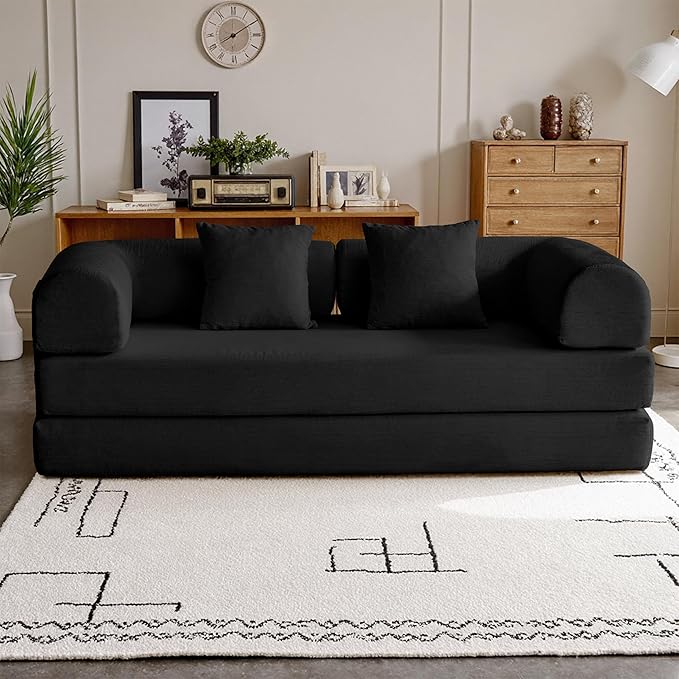 79'' Convertible Compressed Corduroy Folding Cloud Sofa Bed, 5 in 1 Modern Modular Boneless Pull Out Loveseat Sleeper in a Box, No Assembly Floor Mattress Futon Couch for Home, Black, Pillows, King
