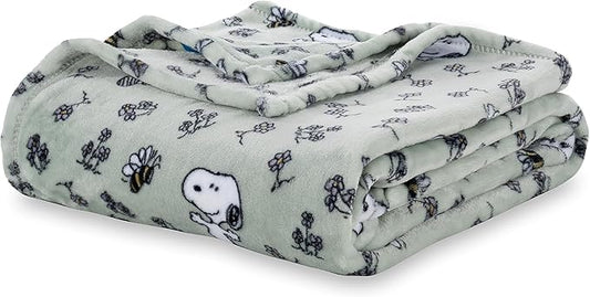 Berkshire Blanket Peanuts® VelvetLoft® Cute Character Snoopy Plush Blanket,Peanuts Snoopy & Woodstock New Flower and Bees Sage,Full/Queen 90 in x 90 in (Official Peanuts® Product)