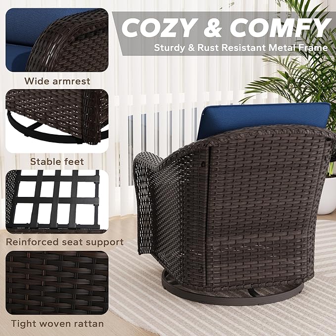 7 Pieces Patio Conversation Set, 78" Wicker 3-Seat Couch with Washable Cushions, 2 Glider Swivel Rocker Chairs, 2 Armchairs, Metal Table, Rattan Cat Bed End Table for Lawn (Navy Blue)