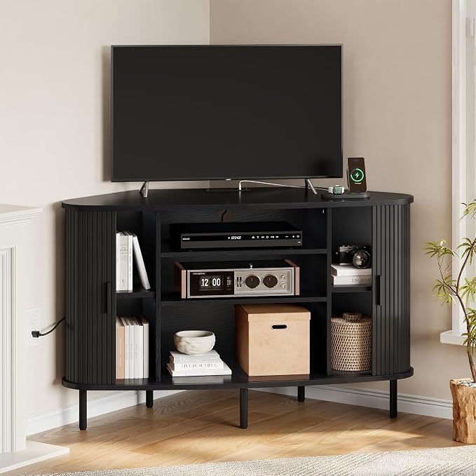 ONBRILL 47" Corner TV Stand, Fluted TV Cabinet with Sliding Doors Fits up to 55 Inch TVs, Modern Corner Entertainment Center with Power Outlet, Wood Media Console Table with Storage, Black by ONBRILL