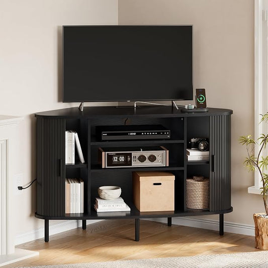 ONBRILL 47" Corner TV Stand, Fluted TV Cabinet with Sliding Doors Fits up to 55 Inch TVs, Modern Corner Entertainment Center with Power Outlet, Wood Media Console Table with Storage, Black by ONBRILL
