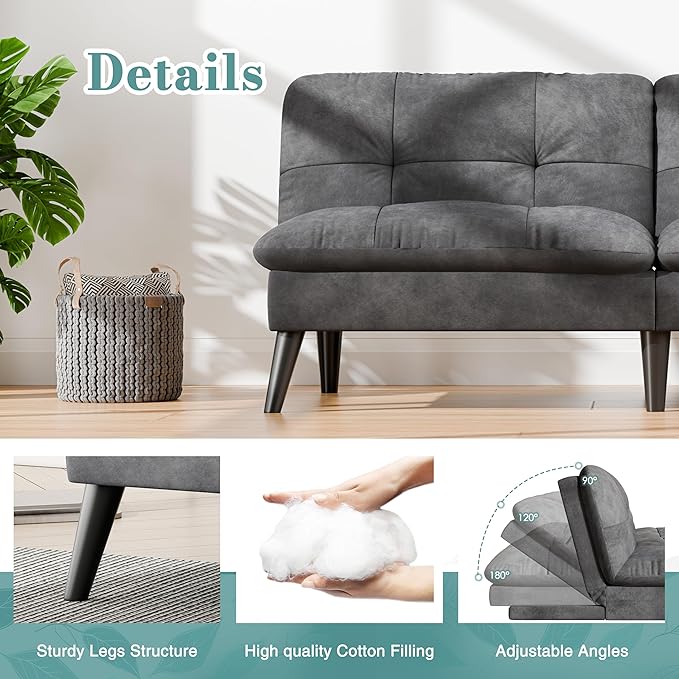 Shintenchi Convertible Futon Sofa Bed, Folding Velevt Set with Adjustable Backrest Recliner Lounge for Living Room, Apartment or Office, Solid Wood Frame, 3-Seater Sofa, Light Grey