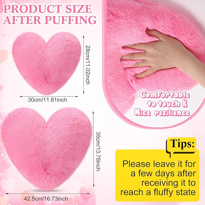 Marsui 2 Pcs Heart Throw Pillows, Soft Fluffy Faux Fur Decorative Hearts Shaped Pillows for Living Room Sofa Bed, Cute Heart Themed Gift for Women(Peach Pink,11.81 x 11.02, 16.73 x 13.78 Inch)