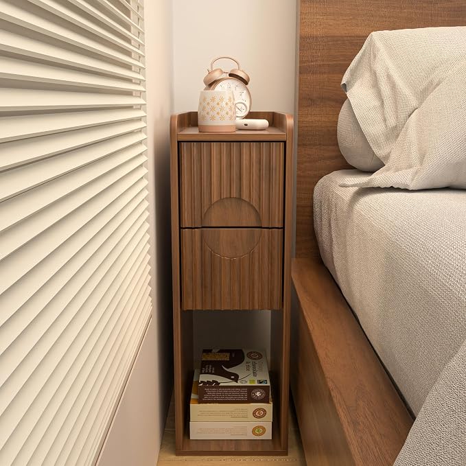 Narrow Fluted Nightstand, Wooden Small 2 Drawer Nightstand, Slim Side End Table, Vintage Bedside Table, Mid Century Modern Night Stand with Drawers, for Bedroom, Walnut, 1 Pcs - Image 2