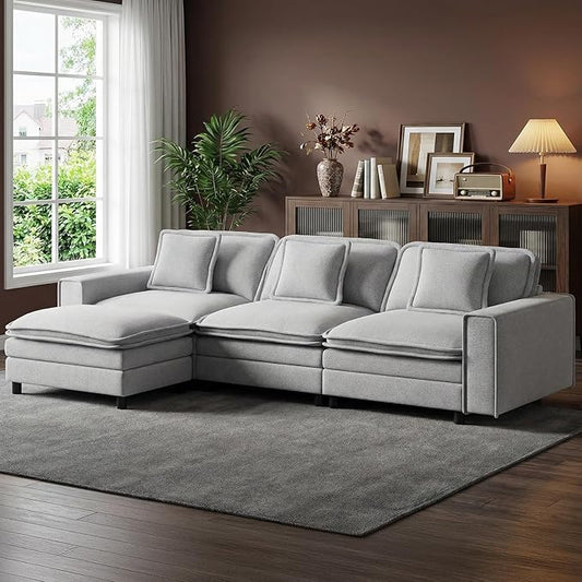 Modular Sectional Sofa 107", Comfy Cloud Couch with Ottoman, Deep 4-Seat L Shaped Modular Sofa, Couches with Throw Pillows for Living Room, Light Grey