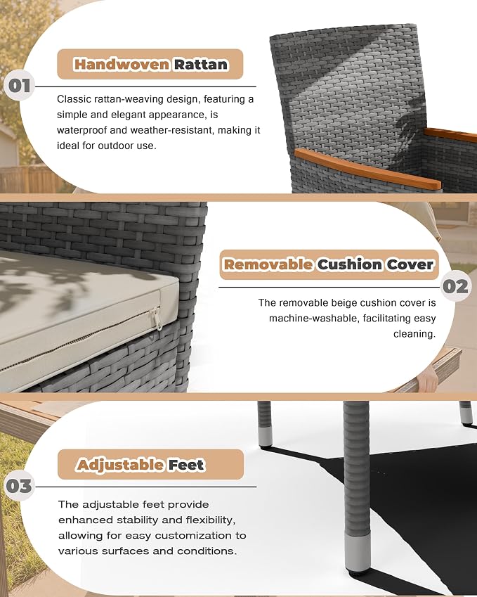 Flamaker 7 Piece Patio Dining Set Outdoor Acacia Wood Table and Chairs with Soft Cushions Wicker Patio Furniture for Deck, Backyard, Garden (Grey) - Image 5