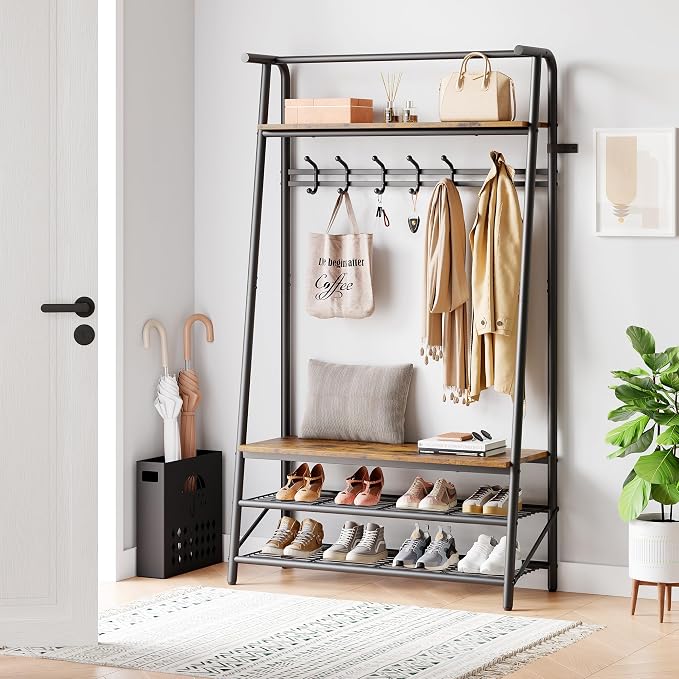 Multi-Functional Hall Tree Coat Rack with Bench & Shoe Storage – Freestanding Metal Frame, 5 Hooks, Clothes Rail – Ideal for Entryway, Hallway, Mudroom – Rustic Brown – 100 Single Row Hooks - Image 8