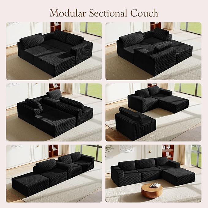 Vesgantti 119" L-Shaped Modular Sectional Sofa, Corduroy Cloud Couch with Deep Seating & Spring Support, Flexible Layout Sofa with Ottoman, Boneless Style, No Assembly Required, Black