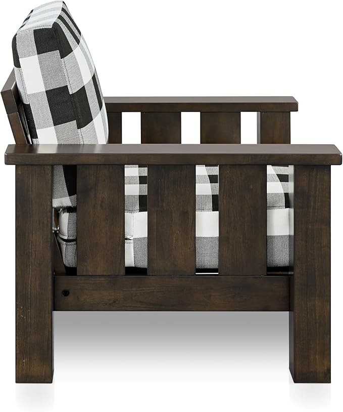 Furniture of America Gavik Modern Solid Wood Arm Chair with Plaid Removable Cushions, Black and White Upholstery Fabric, Comfortable Upholstered Seating for Living Room, Guest Room, Dark Walnut
