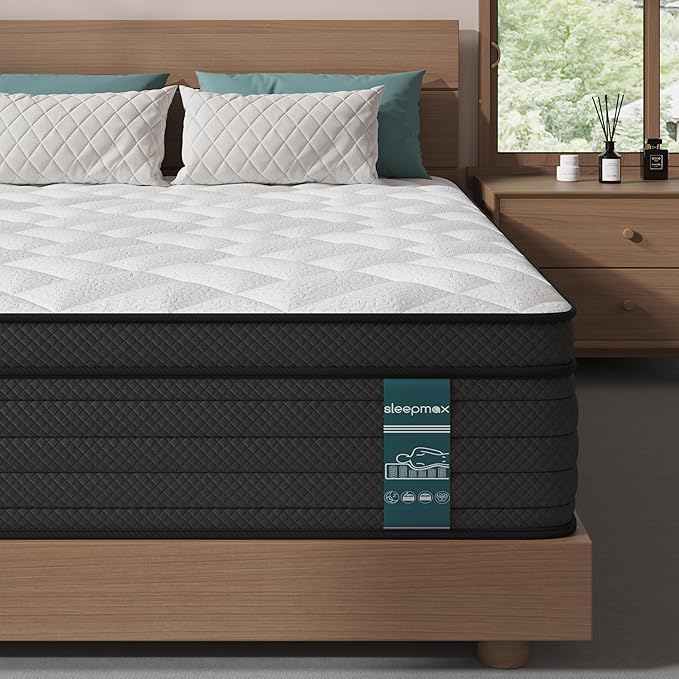 Sleepmax Extra Firm Queen Mattress 12 Inch - Deluxe Deep Sleep Hybrid Mattress Pain Relief - Cooling Bed in Box for Back & Side Sleepers - CertiPUR-US Certified, 365-Night Trial, Forever Warranty
